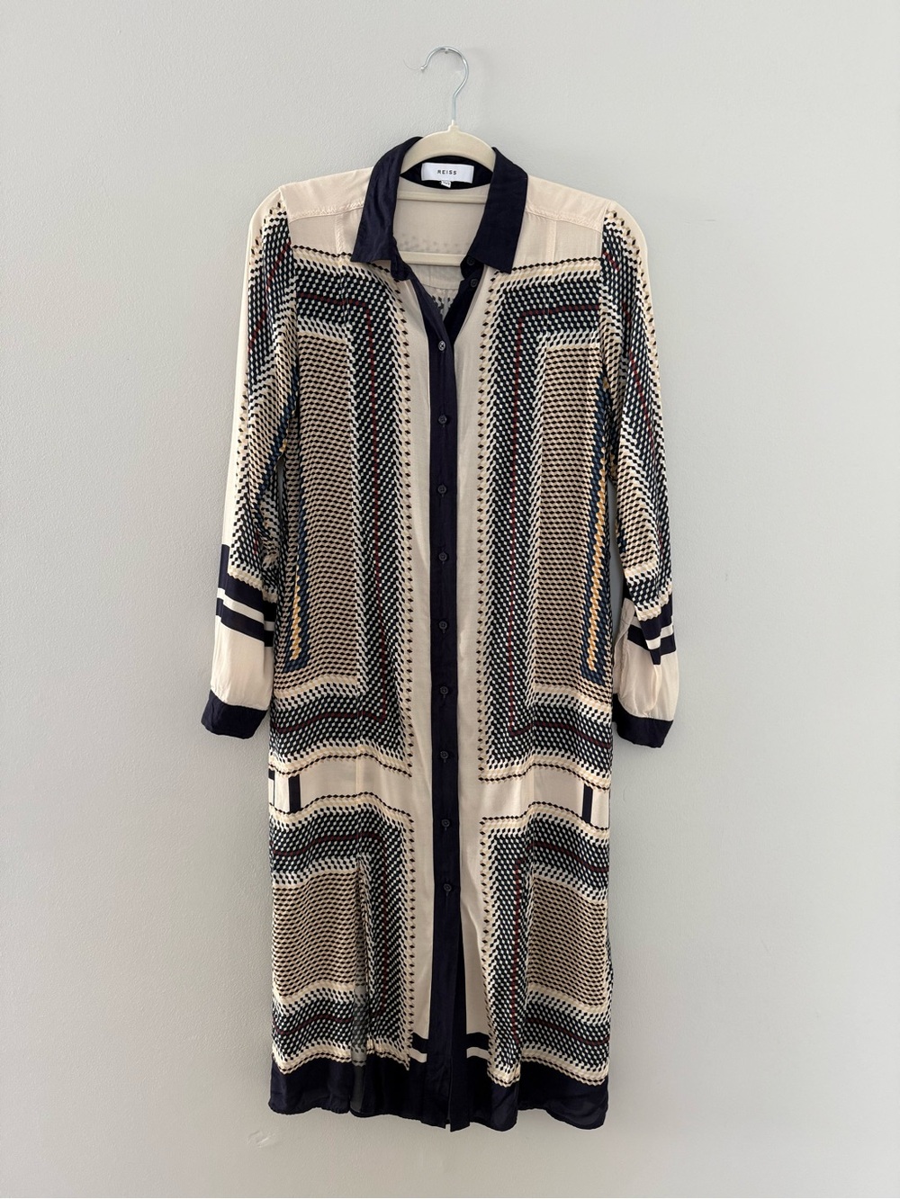 Reiss Adelita Geo Print Midi Shirt Dress Navy Cream Size 0
